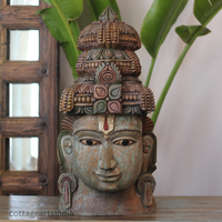 Handcrafted 25" Wooden Lord Vishnu Head Sculpture  – Vintage Antique Finish