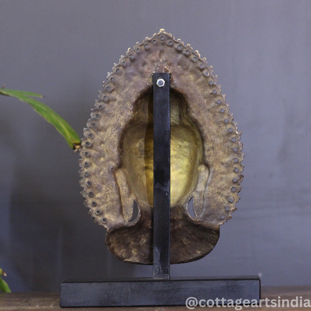 Brass Buddha Face Mask on Wooden Stand
