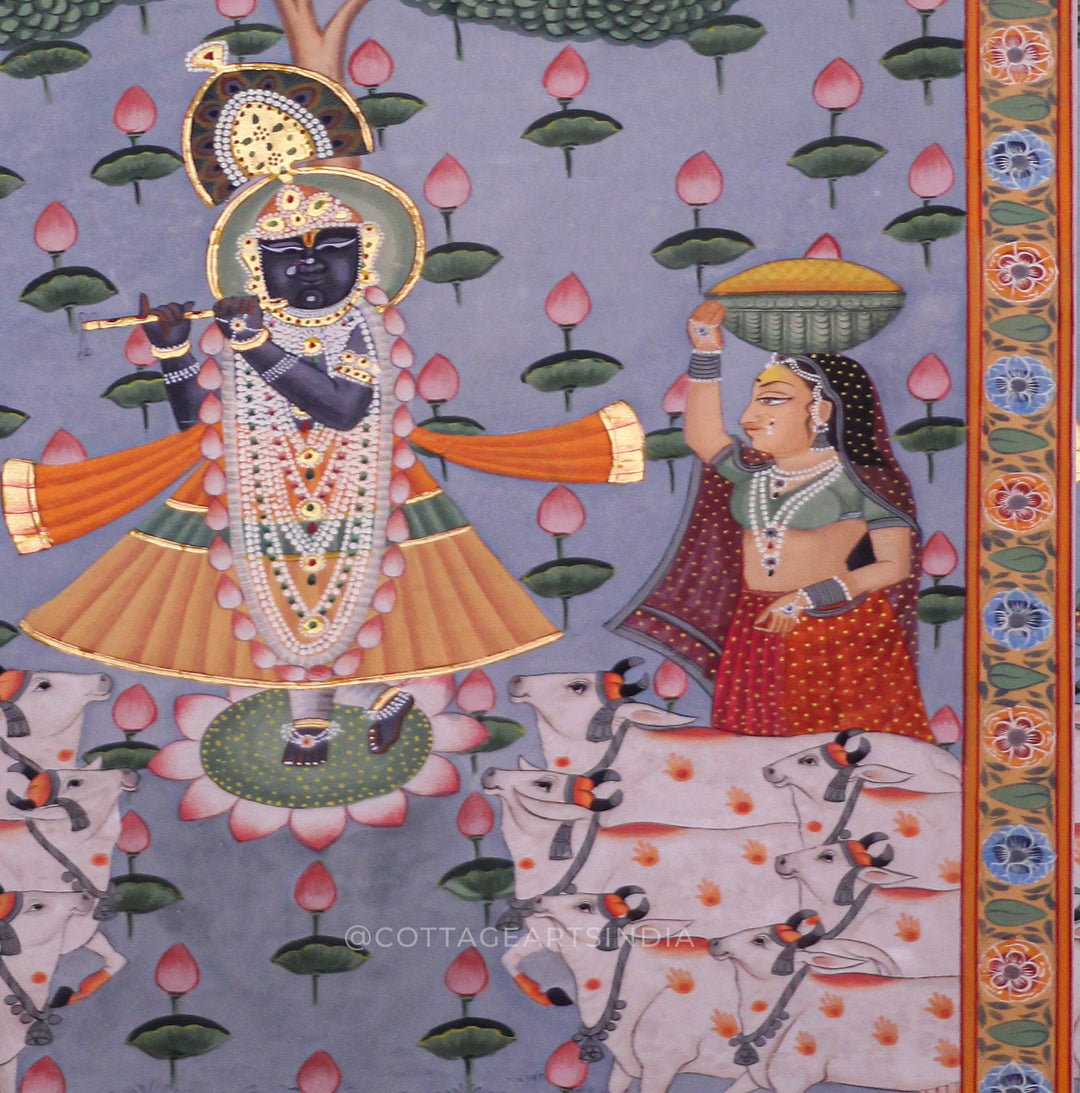 Pichwai Painting Shreenath jI in Lotus Garden With Gopis and Cows