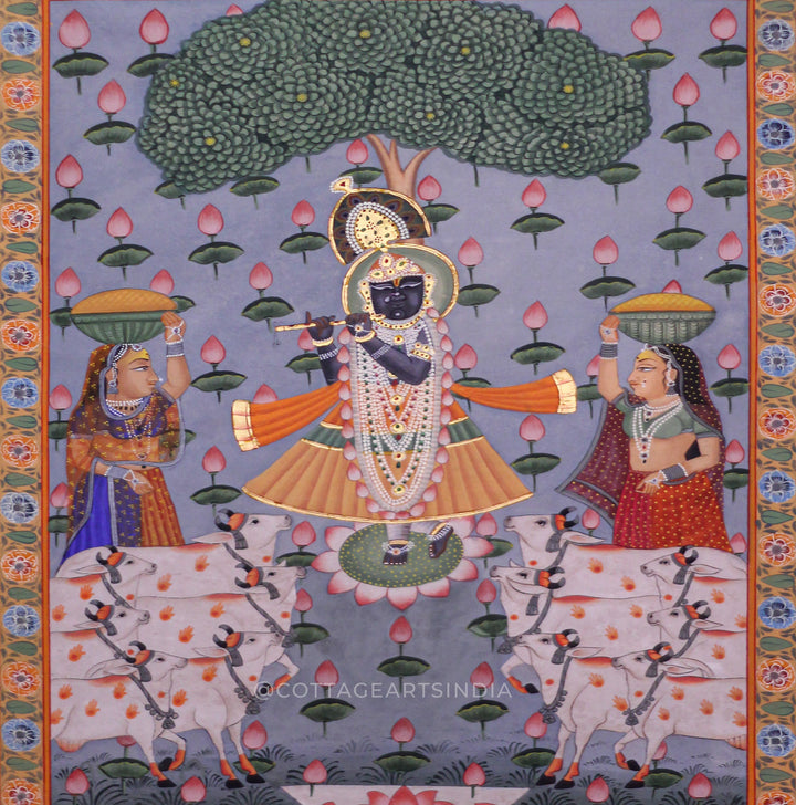 Pichwai Painting Shreenath jI in Lotus Garden With Gopis and Cows