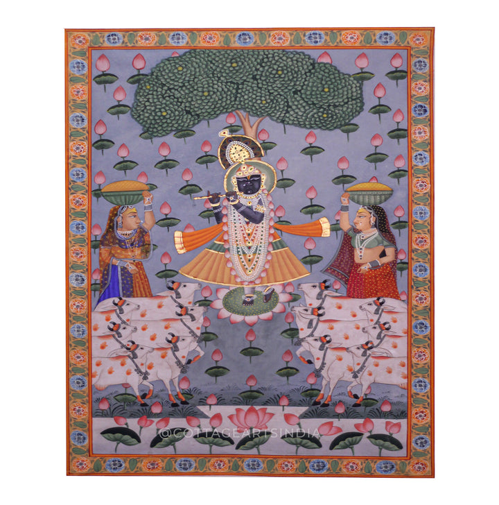 Pichwai Painting Shreenath jI in Lotus Garden With Gopis and Cows