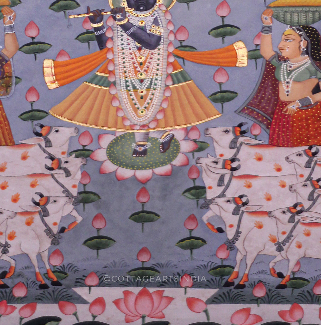 Pichwai Painting Shreenath jI in Lotus Garden With Gopis and Cows