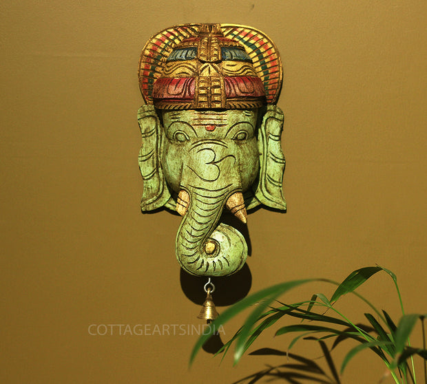 Wooden Ganesha Mask Wall Hanging 12"