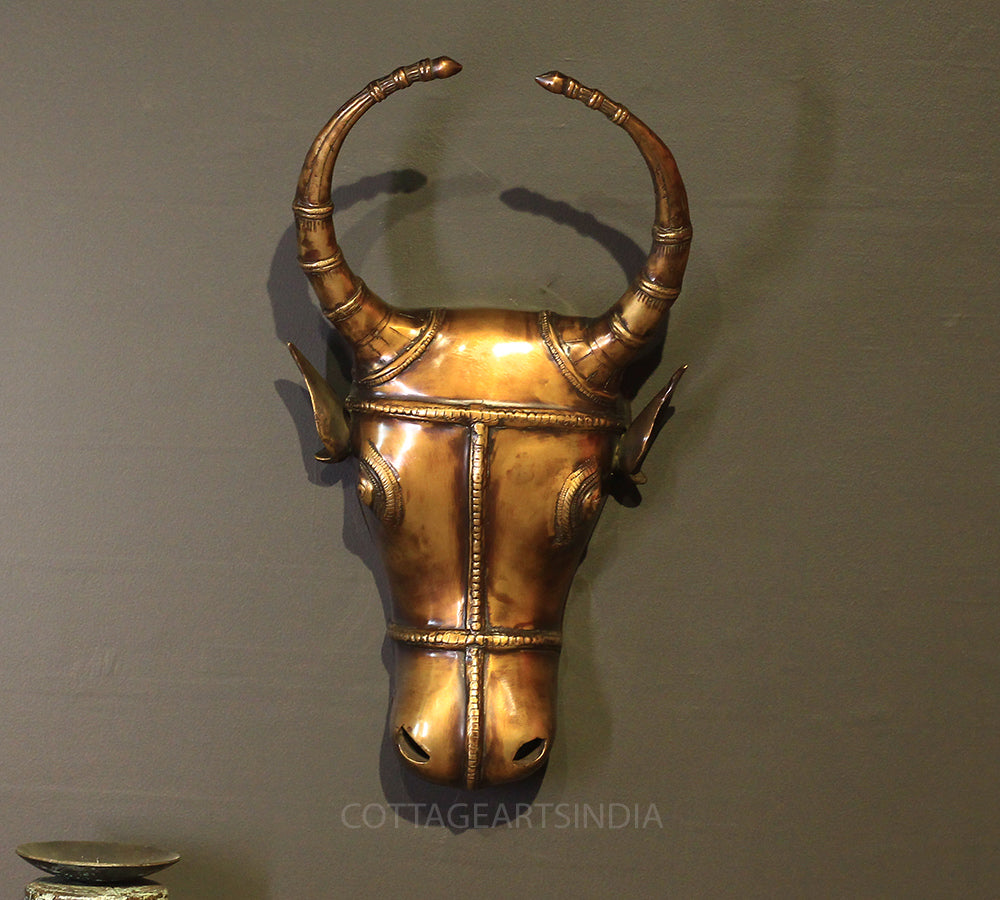 Brass Bull Head Wall Hanging Brown Antique