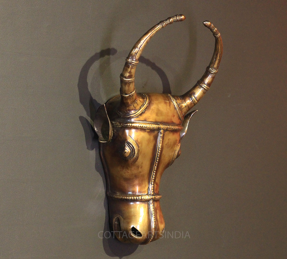 Brass Bull Head Wall Hanging Brown Antique