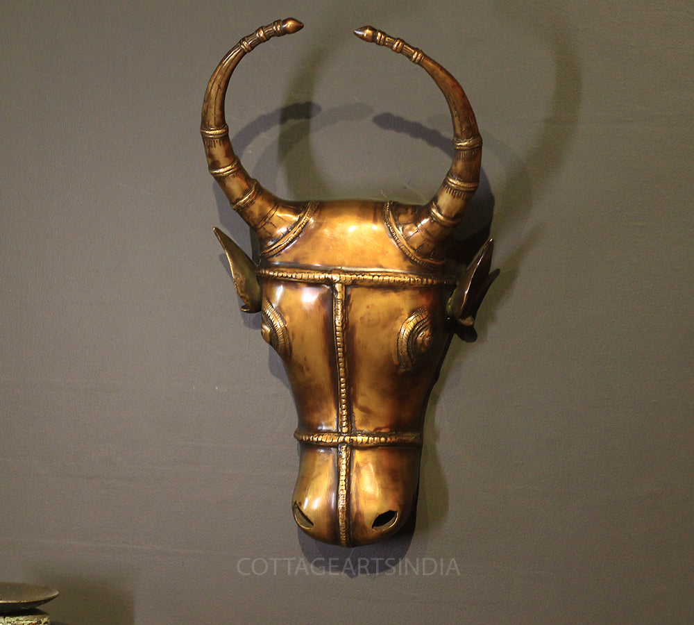 Brass Bull Head Wall Hanging Brown Antique