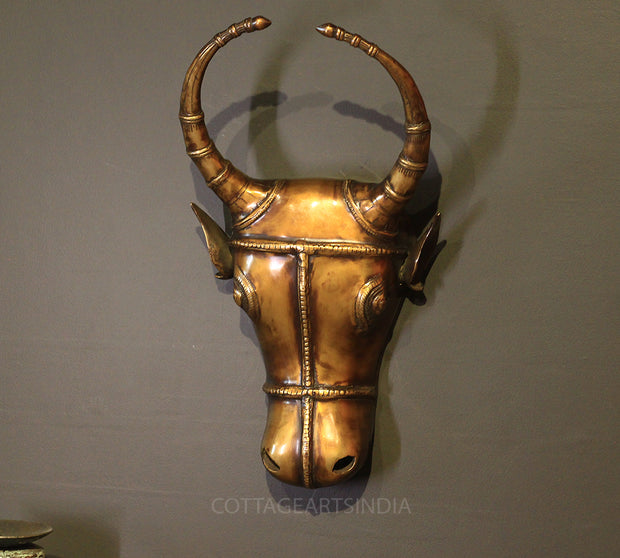 Brass Bull Head Wall Hanging Brown Antique