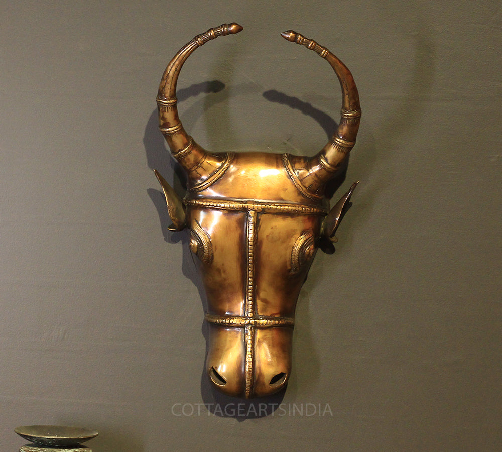 Brass Bull Head Wall Hanging Brown Antique