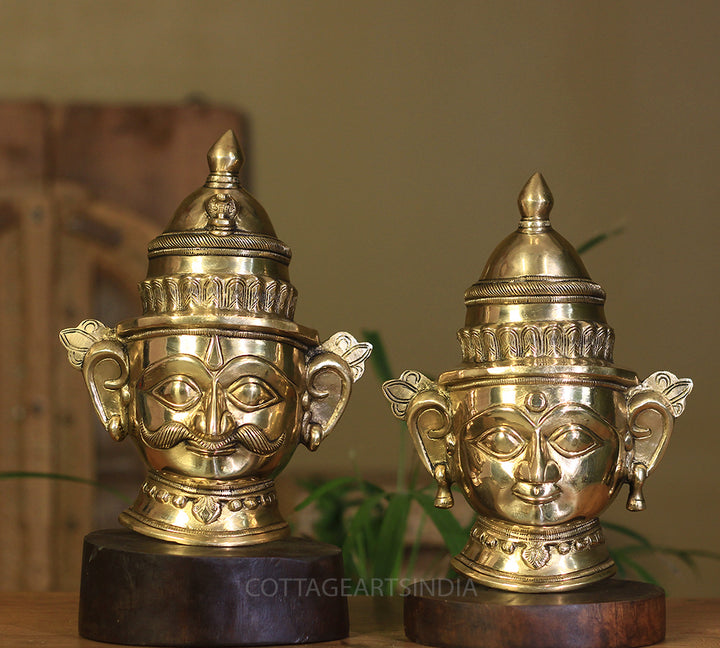 Brass Shiva And Gauri Mukhlingam Mask on Wooden Base