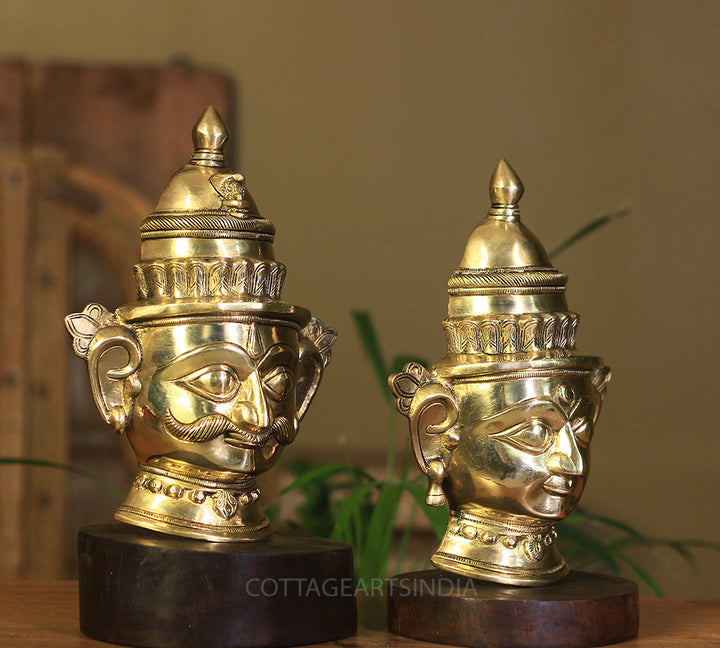 Brass Shiva And Gauri Mukhlingam Mask on Wooden Base