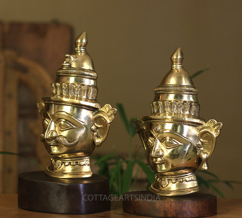 Brass Shiva And Gauri Mukhlingam Mask on Wooden Base