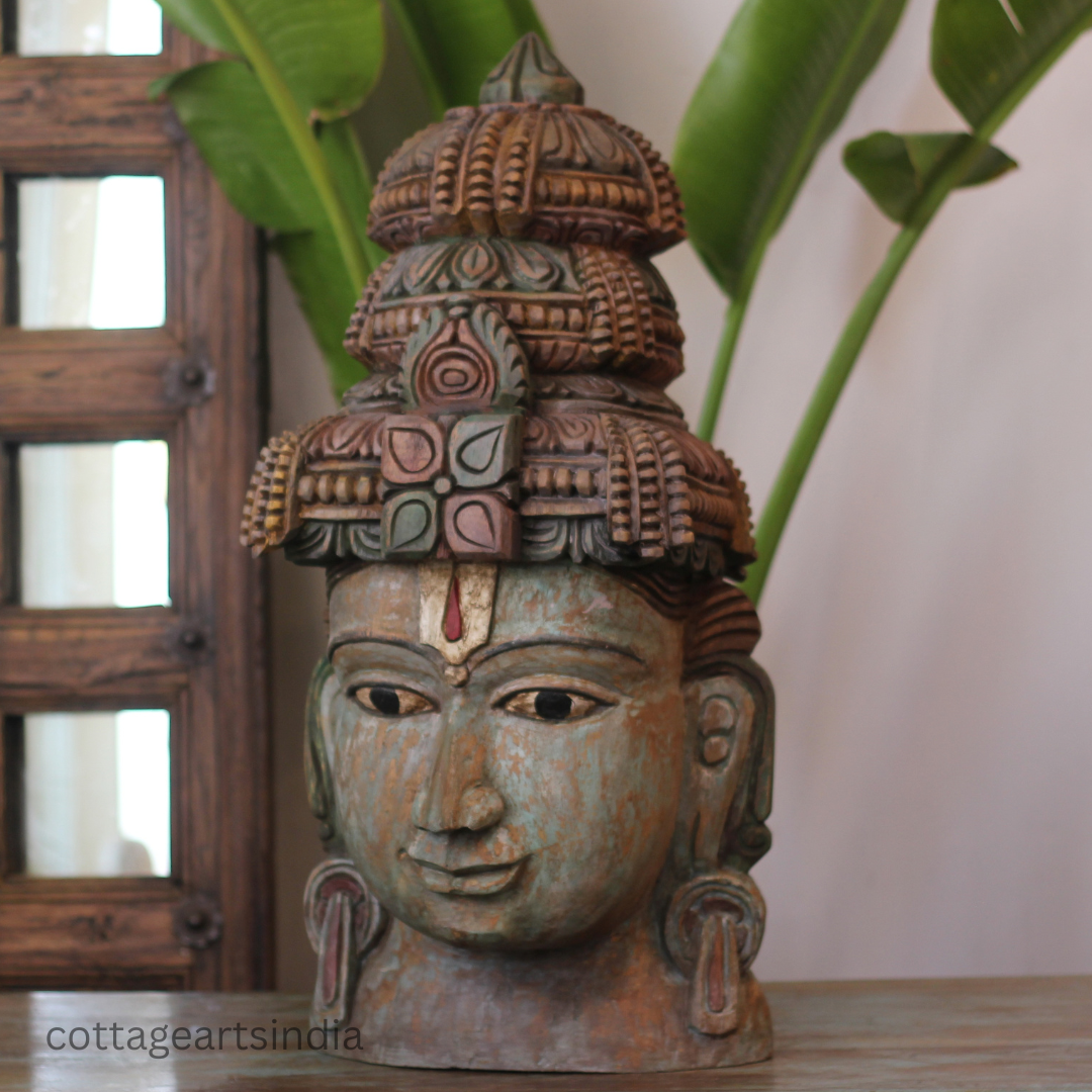 Handcrafted 25" Wooden Lord Vishnu Head Sculpture  – Vintage Antique Finish