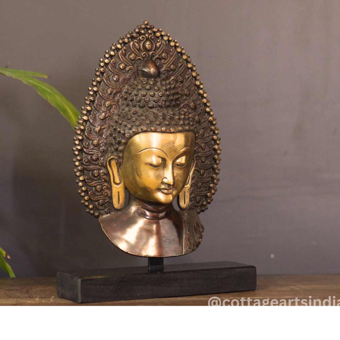 Brass Buddha Face Mask on Wooden Stand