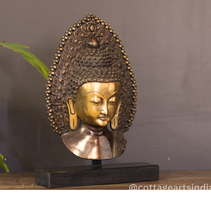 Brass Buddha Face Mask on Wooden Stand