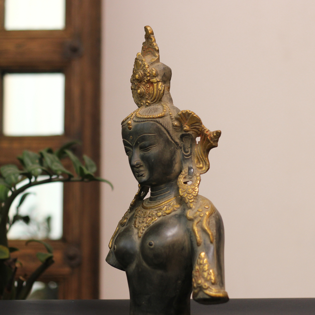 Brass Tara Bust – Antique Finish with Rustic Gold