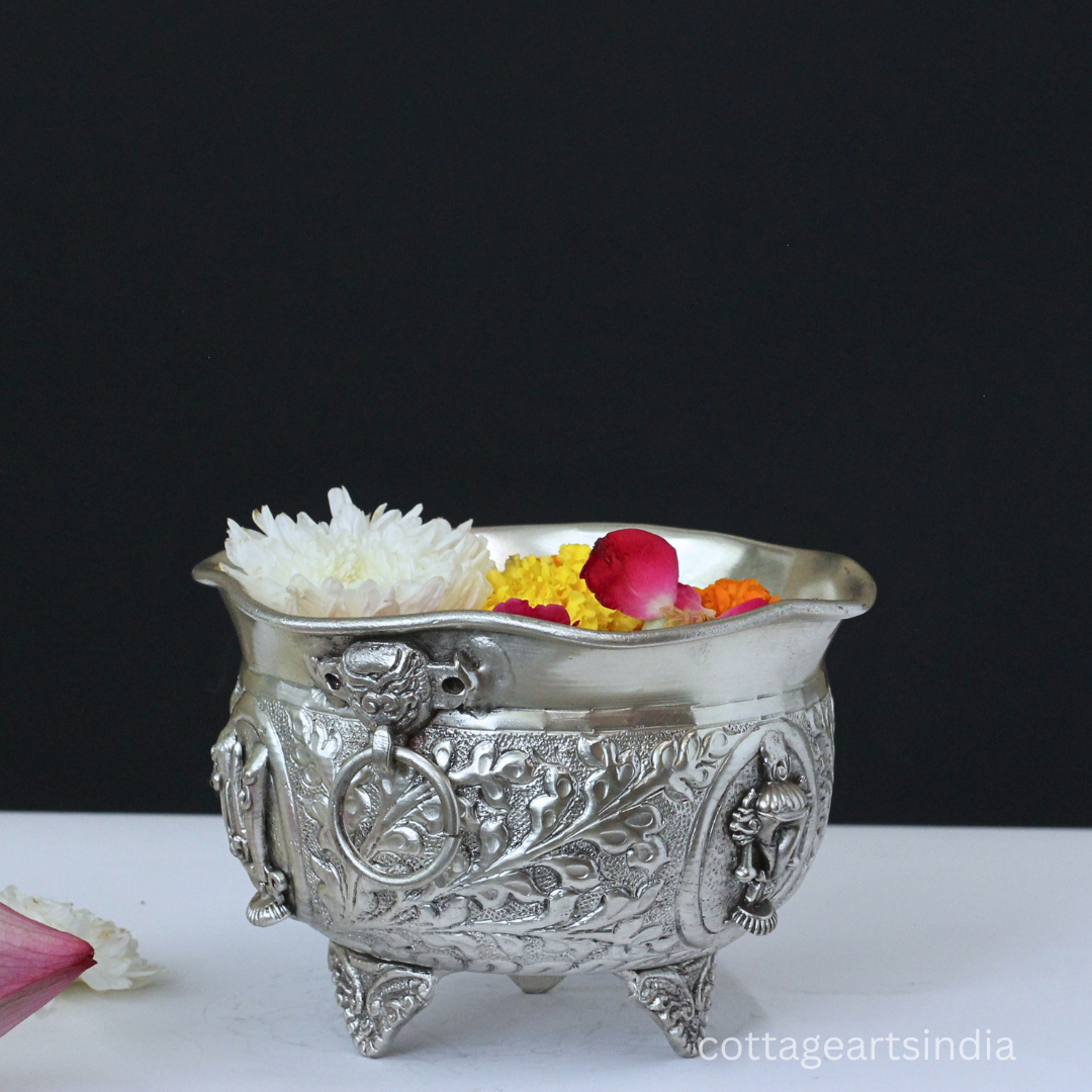Silver Plated Brass Vishnu Symbols Urli Bowl | Shankh Chakra Namam Decorative Vessel