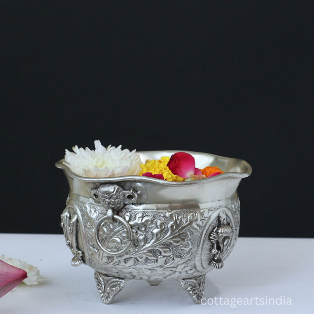 Silver Plated Brass Vishnu Symbols Urli Bowl | Shankh Chakra Namam Decorative Vessel