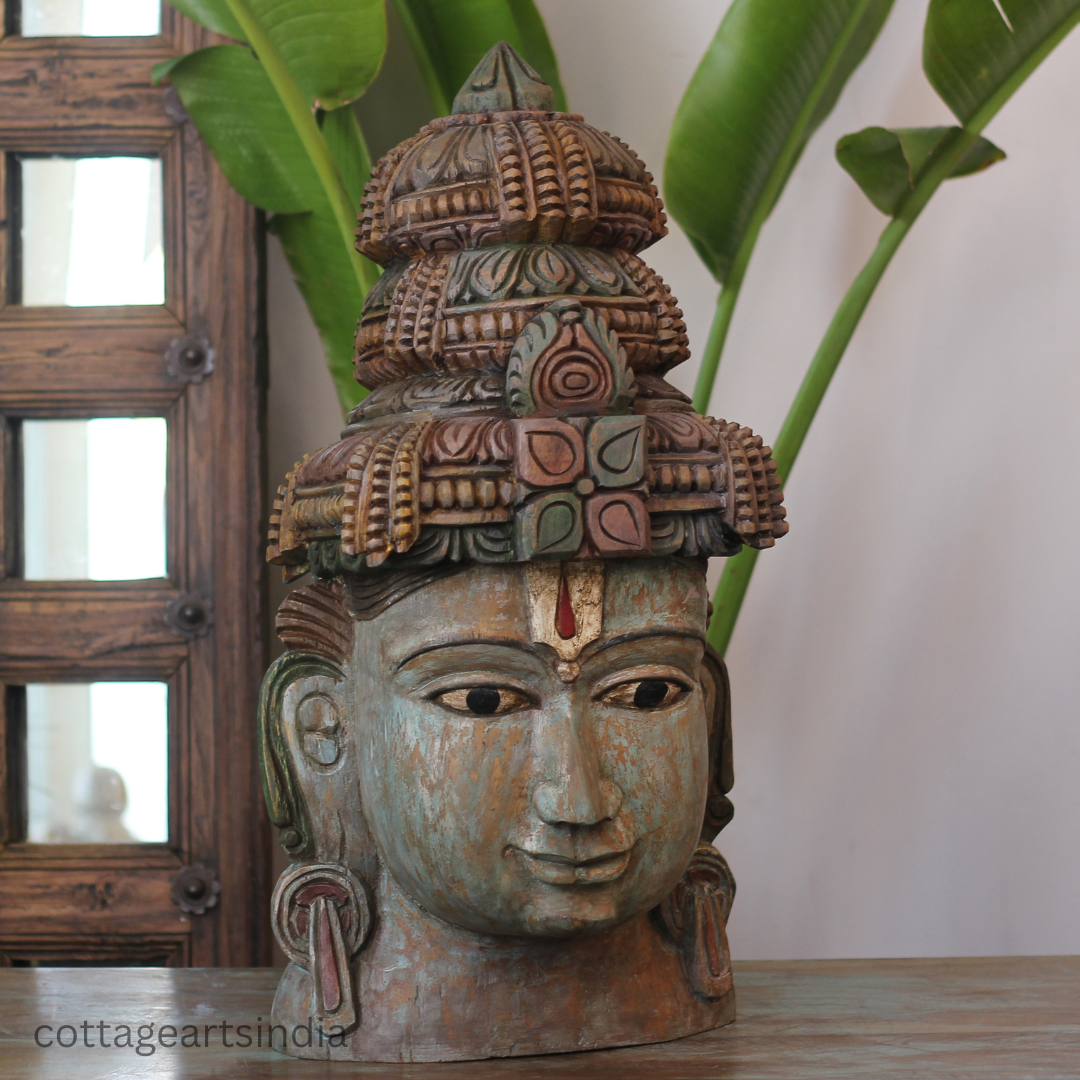 Handcrafted 25" Wooden Lord Vishnu Head Sculpture  – Vintage Antique Finish
