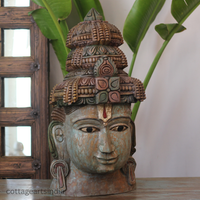 Handcrafted 25" Wooden Lord Vishnu Head Sculpture  – Vintage Antique Finish
