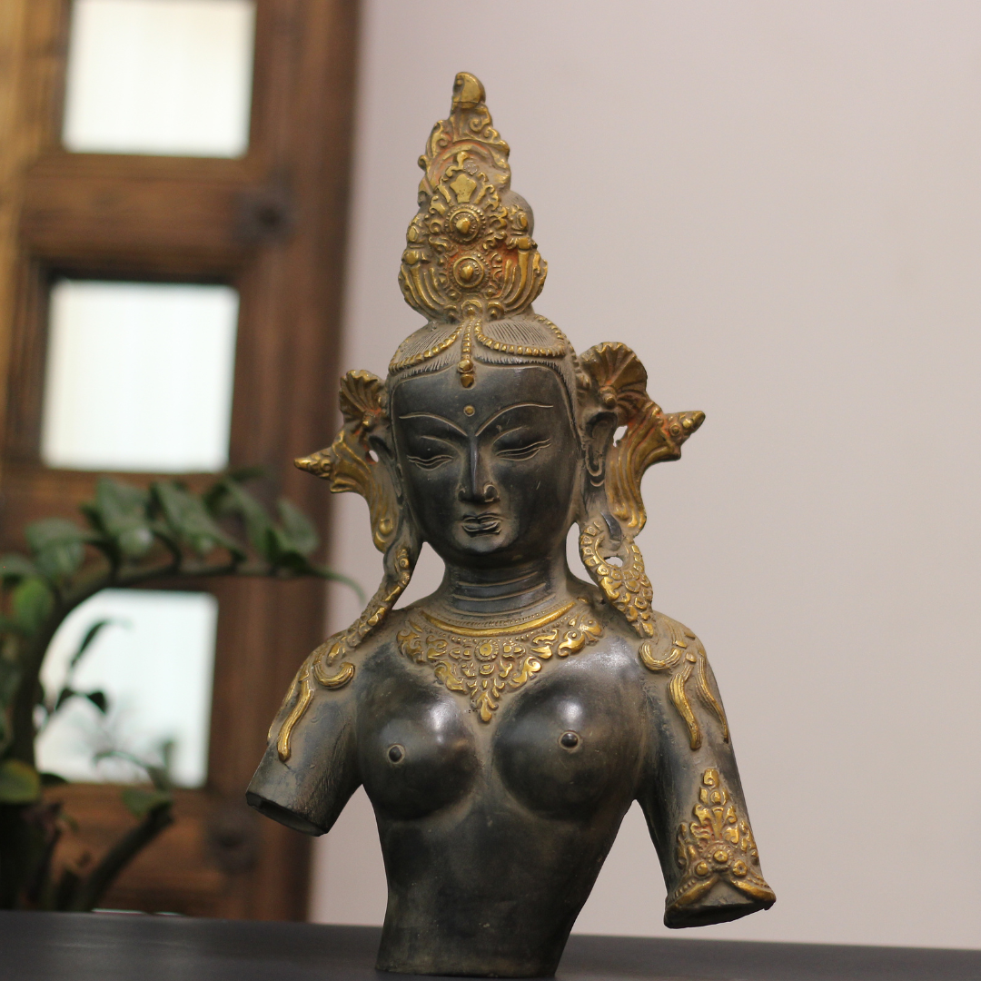 Brass Tara Bust – Antique Finish with Rustic Gold