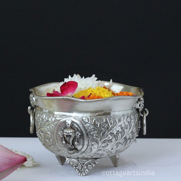 Silver Plated Brass Vishnu Symbols Urli Bowl | Shankh Chakra Namam Decorative Vessel
