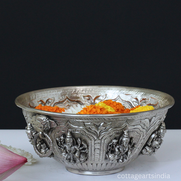 Silver Plated Brass Ashtalakshmi Urli Bowl | Handcrafted Puja Decor