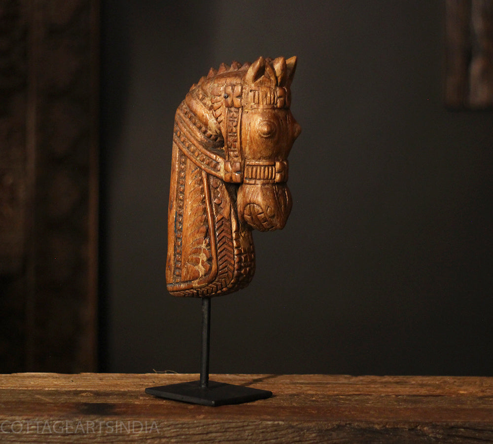 Vintage Hand-Carved Wooden Horse Head Sculpture on Stand