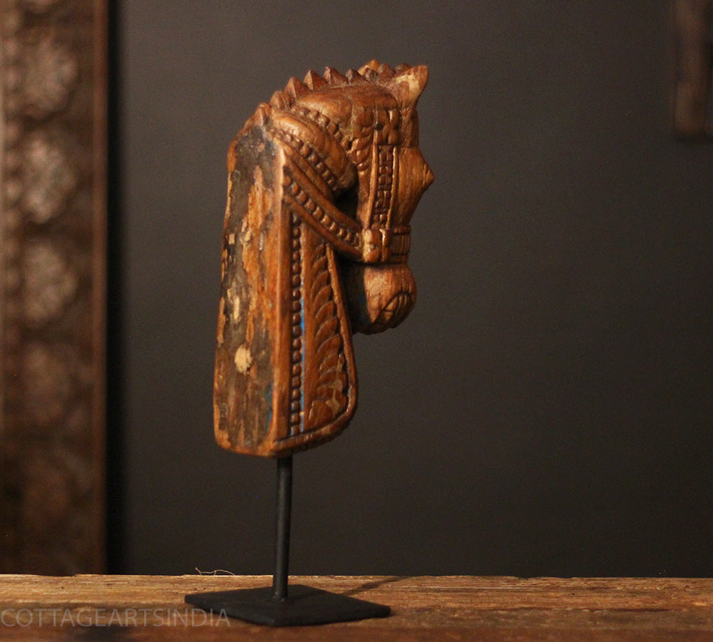 Vintage Hand-Carved Wooden Horse Head Sculpture on Stand