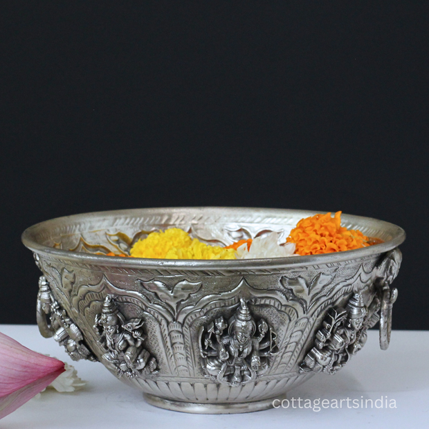 Silver Plated Brass Ashtalakshmi Urli Bowl | Handcrafted Puja Decor
