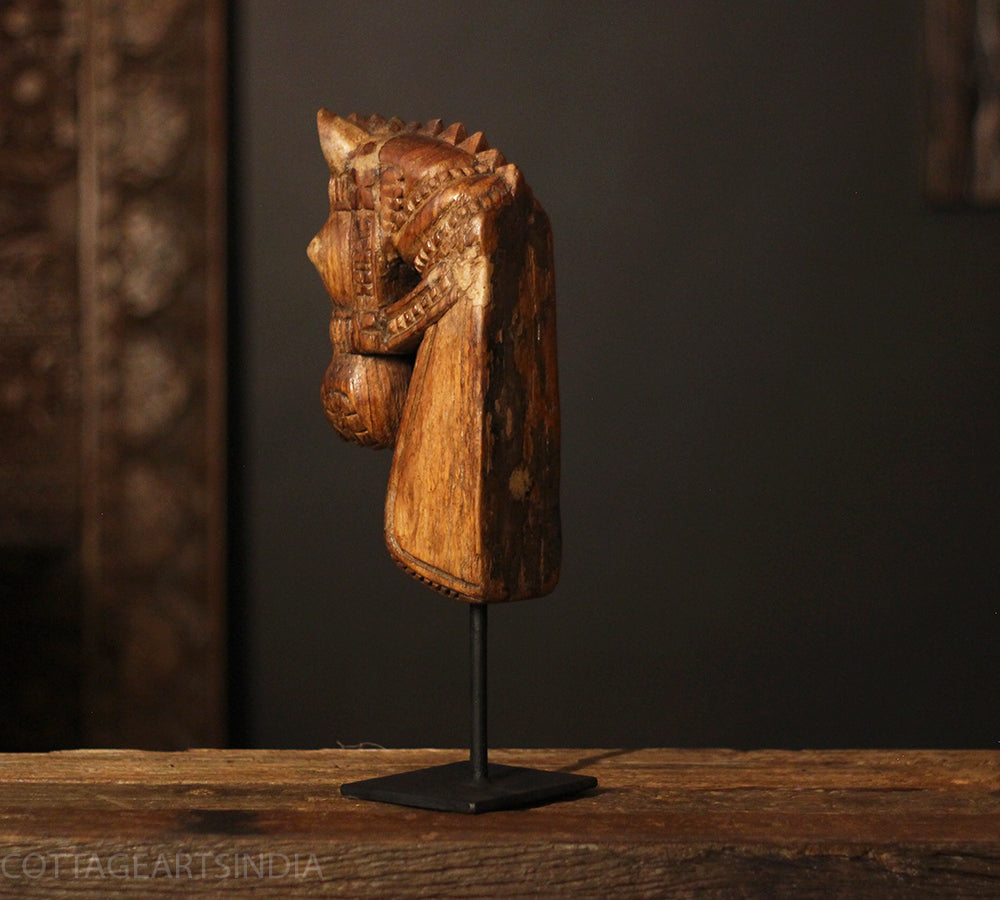 Vintage Hand-Carved Wooden Horse Head Sculpture on Stand