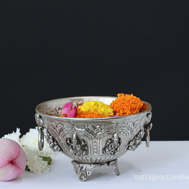 Silver Plated Brass Ashtalakshmi Urli Bowl | Handcrafted Puja Decor