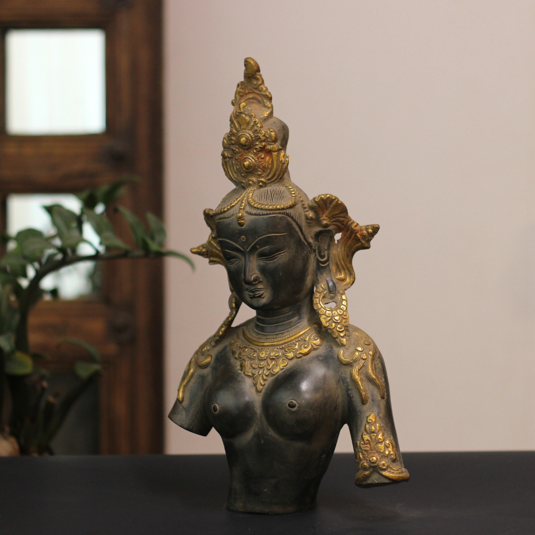Brass Tara Bust – Antique Finish with Rustic Gold