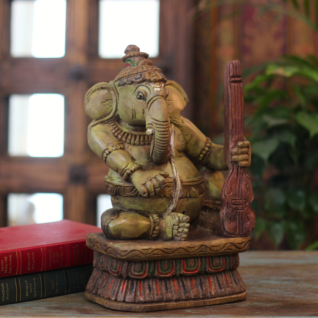 Handcrafted Sitting Wooden Ganesha Playing Violin