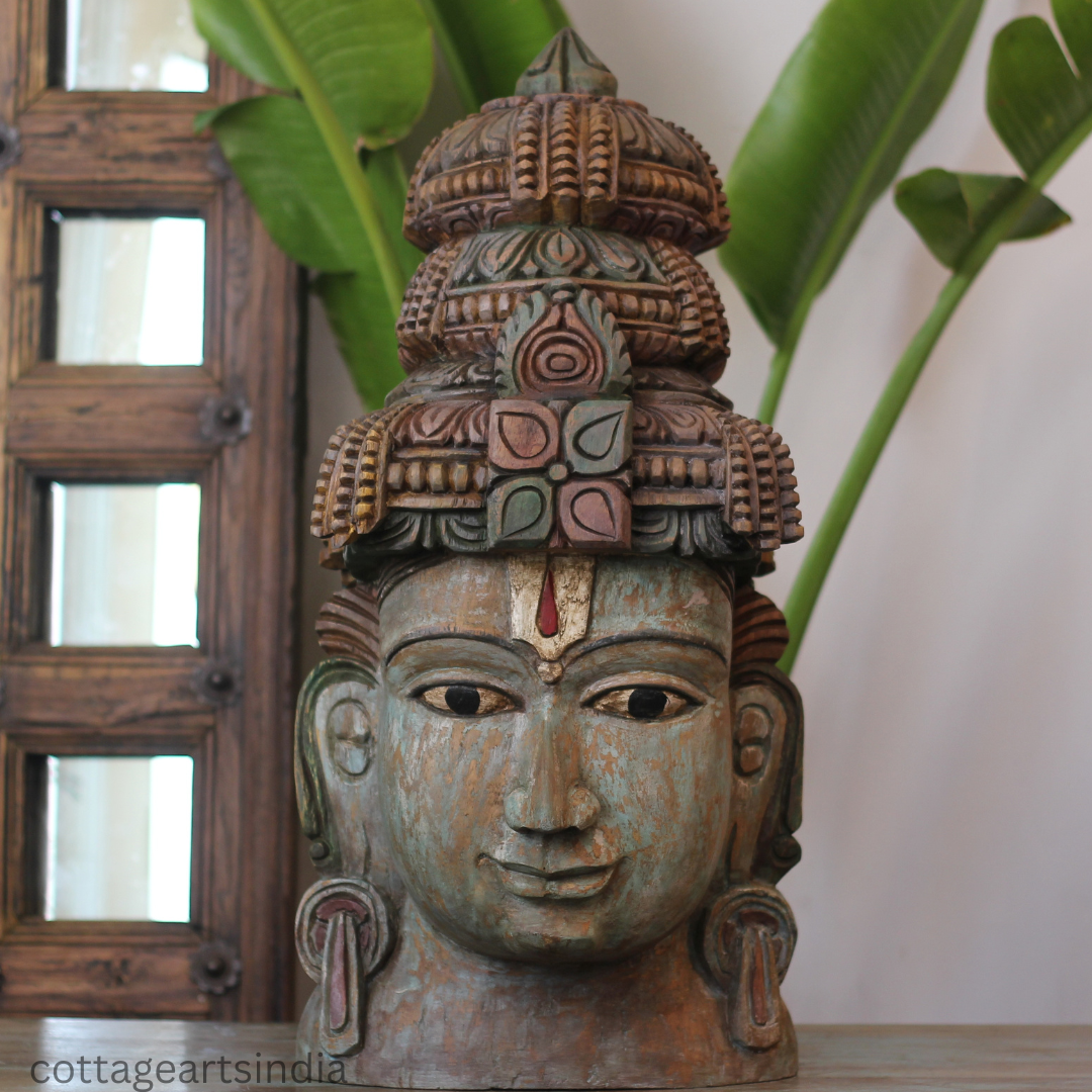Handcrafted 25" Wooden Lord Vishnu Head Sculpture  – Vintage Antique Finish