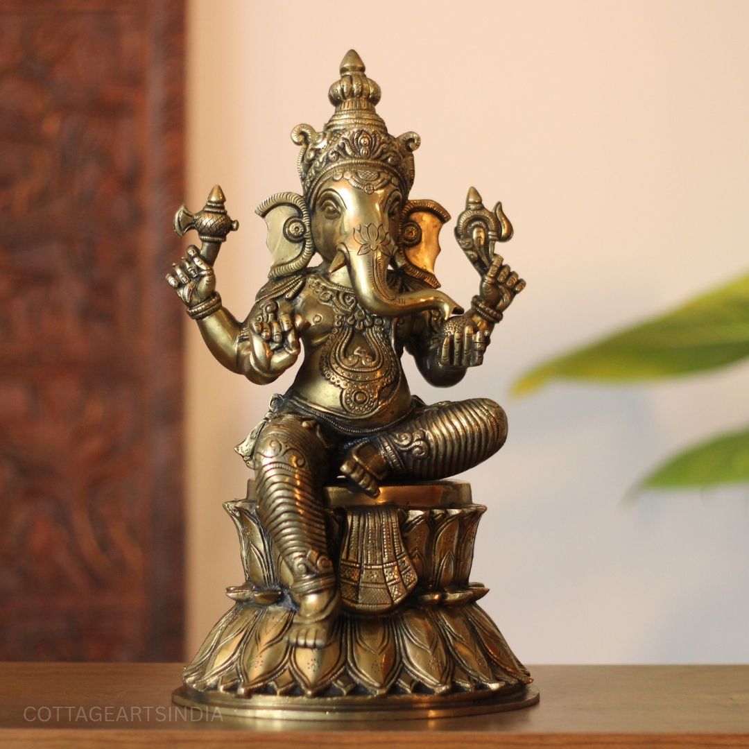 Seated Lotus Ganesha Brass Statue