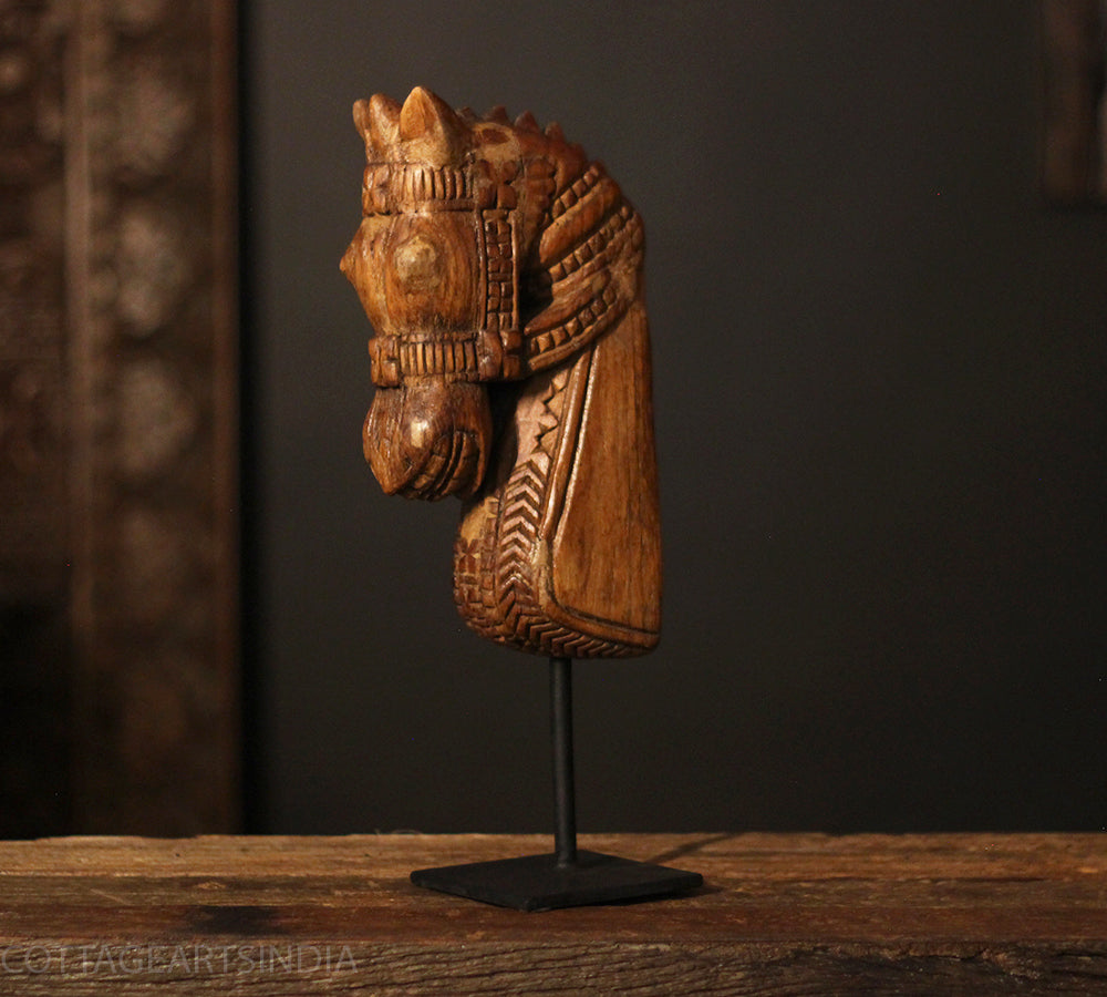 Vintage Hand-Carved Wooden Horse Head Sculpture on Stand