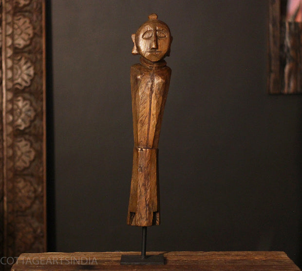 Hand-Carved Tribal Wooden Figurine on Stand