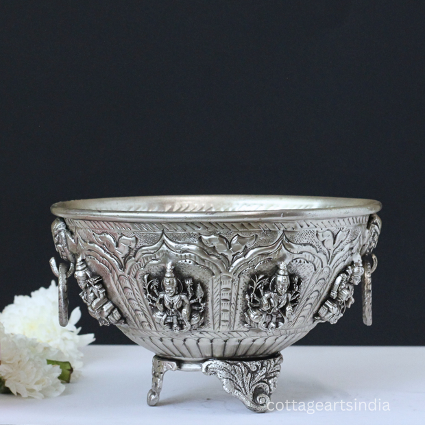 Silver Plated Brass Ashtalakshmi Urli Bowl | Handcrafted Puja Decor
