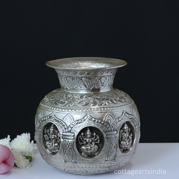 Silver Plated Brass Ashtalakshmi Kalash | Handcrafted Sacred Puja Vessel