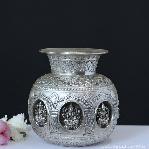 Silver Plated Brass Ashtalakshmi Kalash | Handcrafted Sacred Puja Vessel
