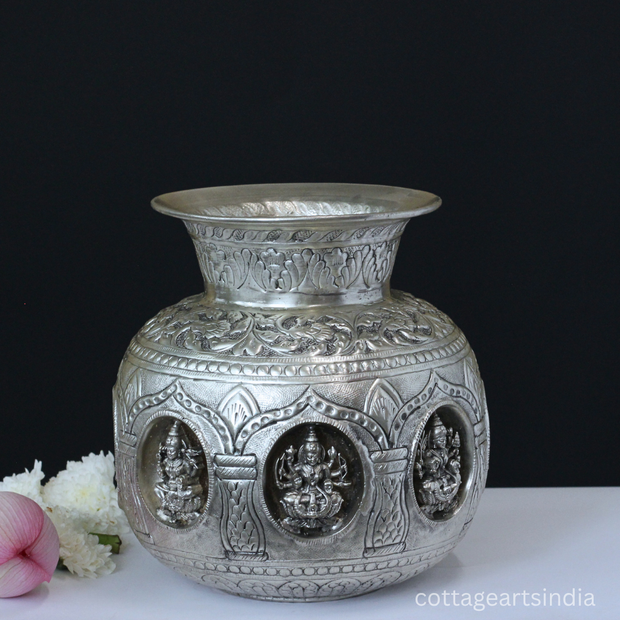 Silver Plated Brass Ashtalakshmi Kalash | Handcrafted Sacred Puja Vessel