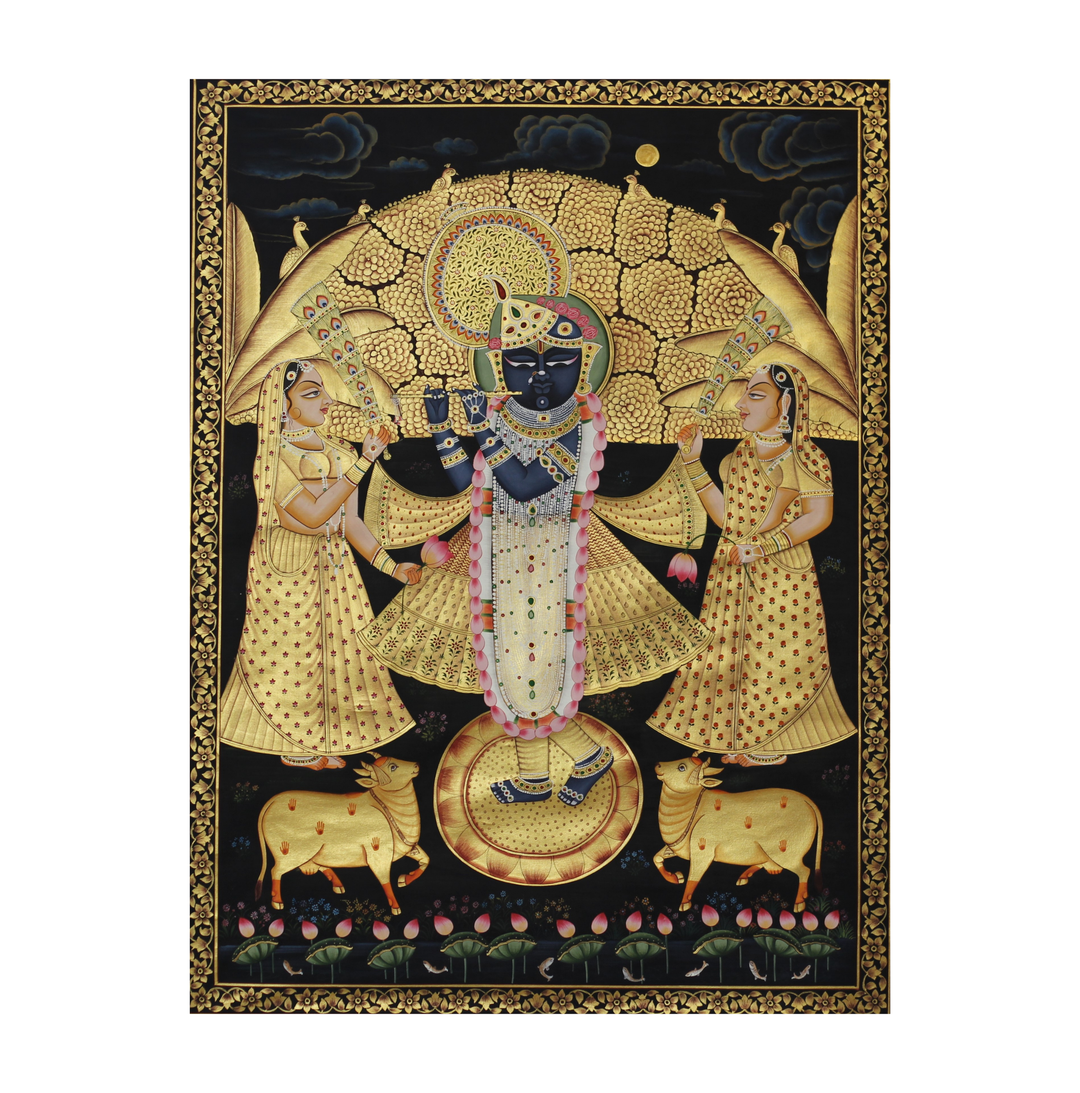 Shrinathji Krishna with Gopis and Cows – Golden Pichwai Painting