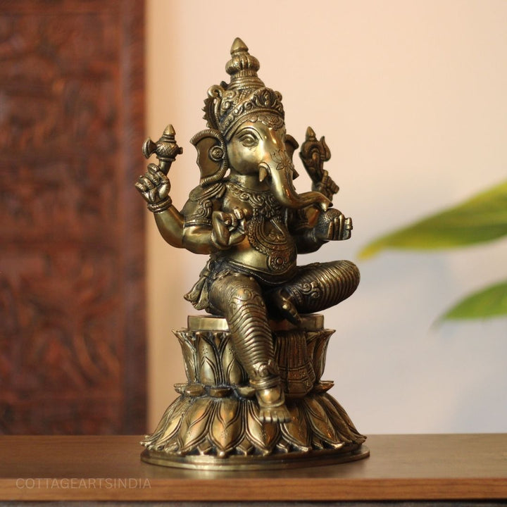 Seated Lotus Ganesha Brass Statue