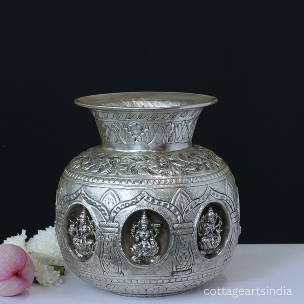 Silver Plated Brass Ashtalakshmi Kalash | Handcrafted Sacred Puja Vessel