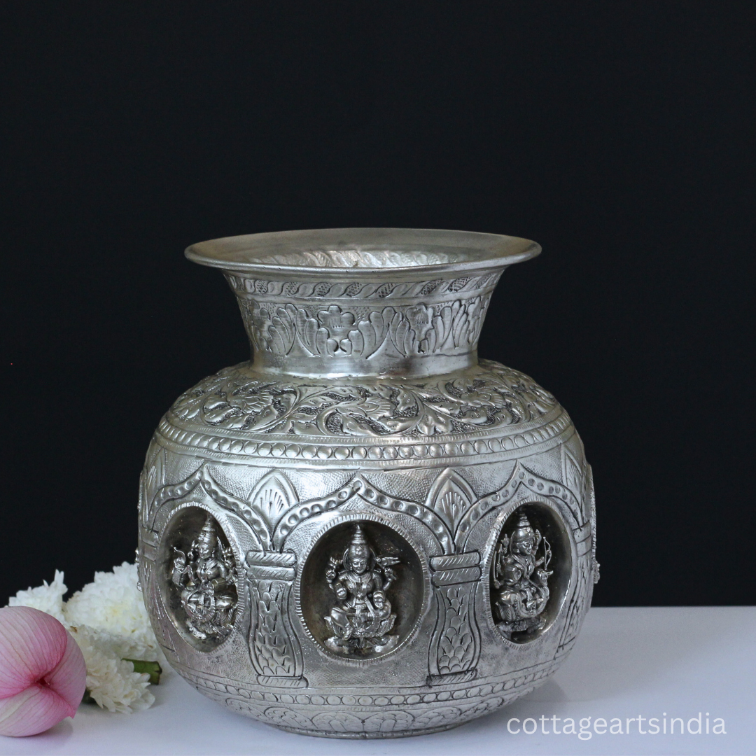 Silver Plated Brass Ashtalakshmi Kalash | Handcrafted Sacred Puja Vessel