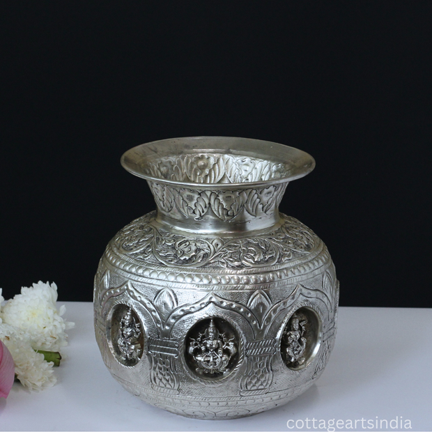Silver Plated Brass Ashtalakshmi Kalash | Handcrafted Sacred Puja Vessel