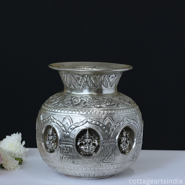 Silver Plated Brass Ashtalakshmi Kalash | Handcrafted Sacred Puja Vessel