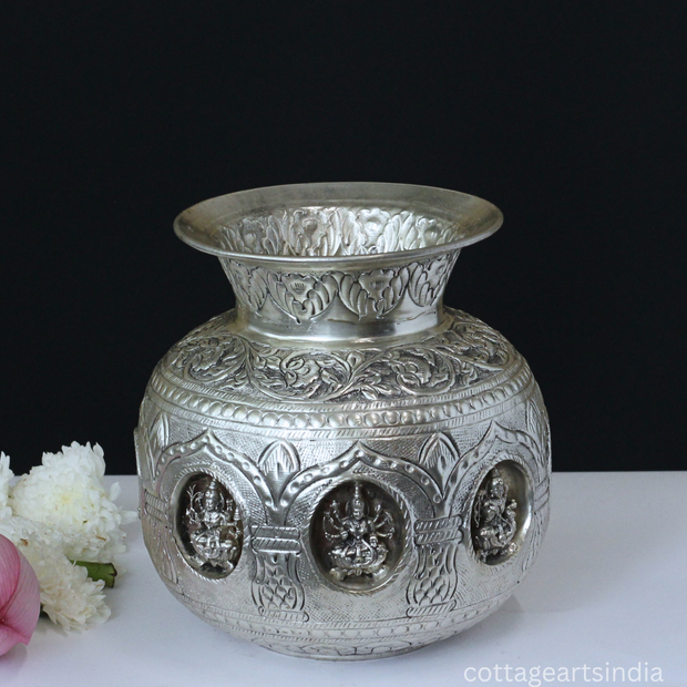 Silver Plated Brass Ashtalakshmi Kalash | Handcrafted Sacred Puja Vessel