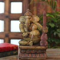 Handcrafted Sitting Wooden Ganesha Playing Violin