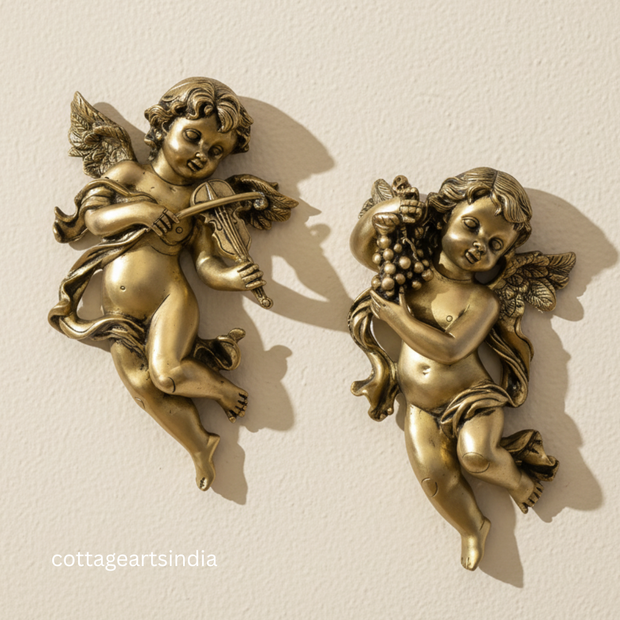Handcrafted Angel Wall Sculpture Set | Antique Brass Cherub Wall Décor